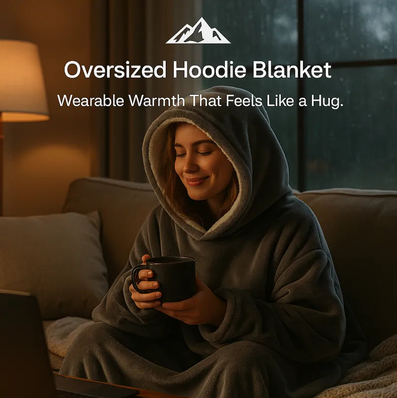 HighPeak Oversized Hoodie Blanket in gray with sherpa lining worn by woman relaxing on couch with warm drink at night