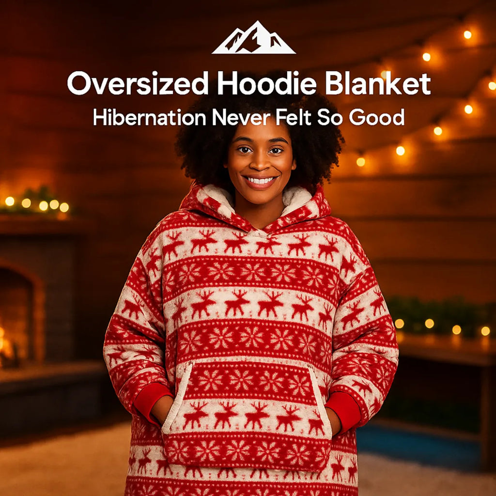 HighPeak Oversized Hoodie Blanket in red and white with reindeer pattern worn by smiling woman near cozy fireplace