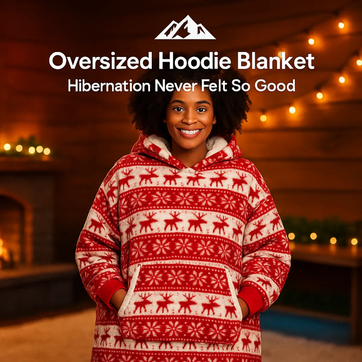 HighPeak Oversized Hoodie Blanket in red and white with reindeer pattern worn by smiling woman near cozy fireplace