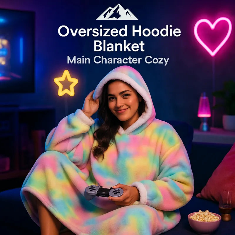 HighPeak Oversized Hoodie Blanket in pastel tie-dye worn by woman gaming in cozy living room setting