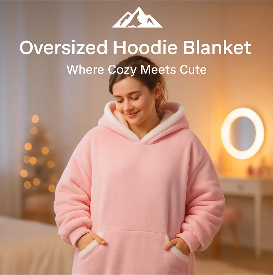HighPeak Oversized Hoodie Blanket in soft pink with sherpa lining worn by a woman in cozy indoor setting
