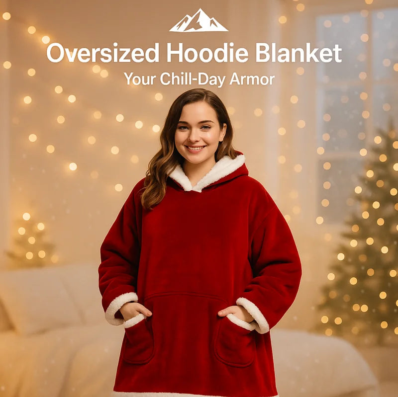 HighPeak Oversized Hoodie Blanket in red with white sherpa lining worn by smiling woman in cozy living room setting