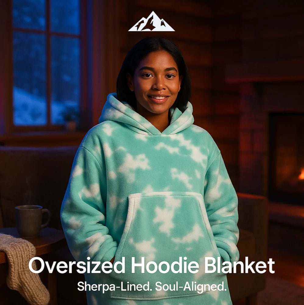 HighPeak Oversized Hoodie Blanket in teal tie-dye with sherpa lining worn indoors by fireplace for cozy warmth