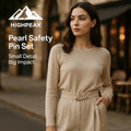 HighPeak Pearl Safety Pin Set with faux pearls used as a chic belt accessory on beige trousers and sweater