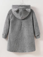 Peekaboo Cat Kids Hoodie back view showing cat-ear hood, plain gray fluffy fabric and rounded hem