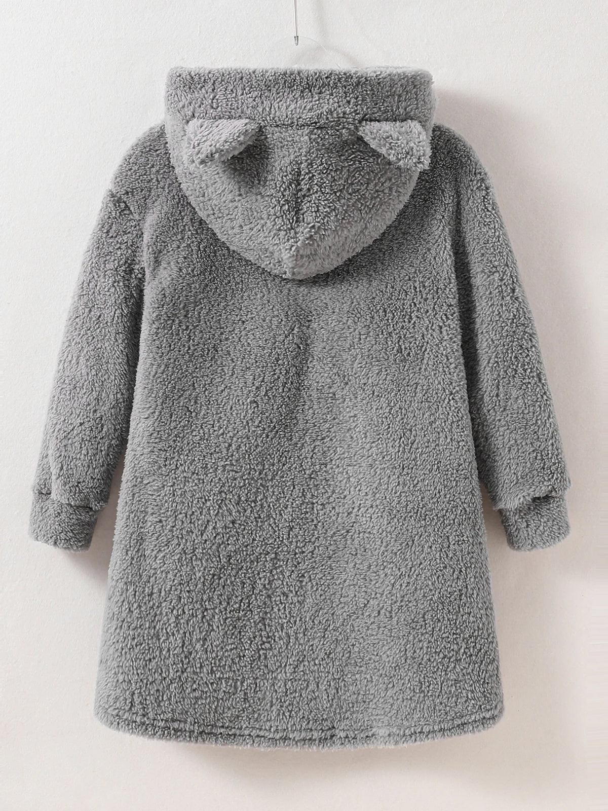Peekaboo Cat Kids Hoodie back view showing cat-ear hood, plain gray fluffy fabric and rounded hem