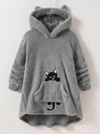 Peekaboo Cat Kids Hoodie front view in gray with cat-ear hood, black peekaboo cat and front pocket