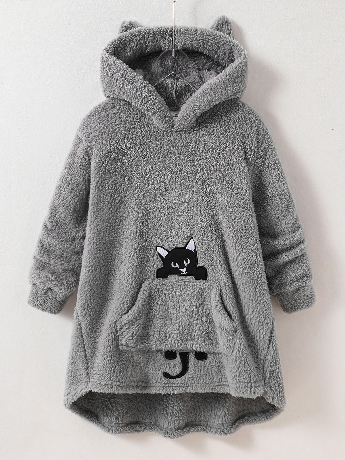 Peekaboo Cat Kids Hoodie front view in gray with cat-ear hood, black peekaboo cat and front pocket
