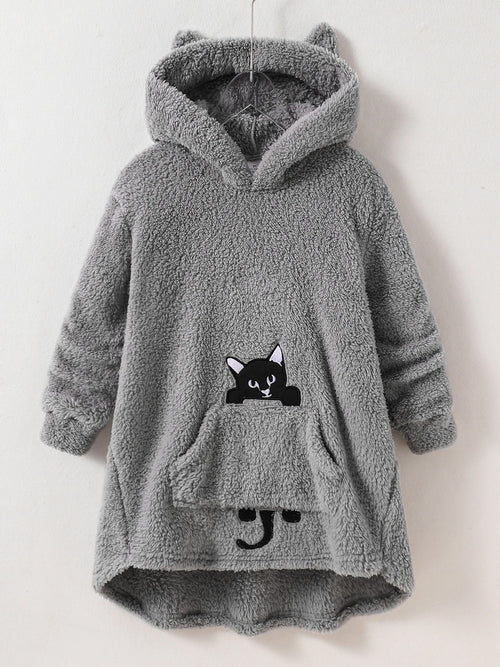 Peekaboo Cat Kids Hoodie front view in gray with cat-ear hood, black peekaboo cat and front pocket