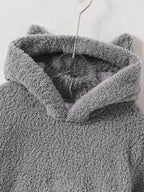 Peekaboo Cat Kids Hoodie close-up of the gray cat-ear hood, neckline and fluffy fabric