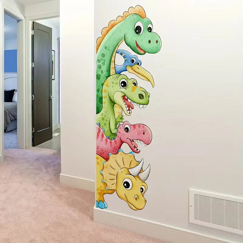 Peekaboo Dinosaur Wall Decal with colorful smiling characters peeking around a white hallway wall edge.