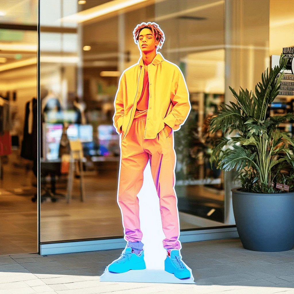 Personalized Person Cutout in a yellow jacket, pink trousers and blue shoes beside a glass entrance.
