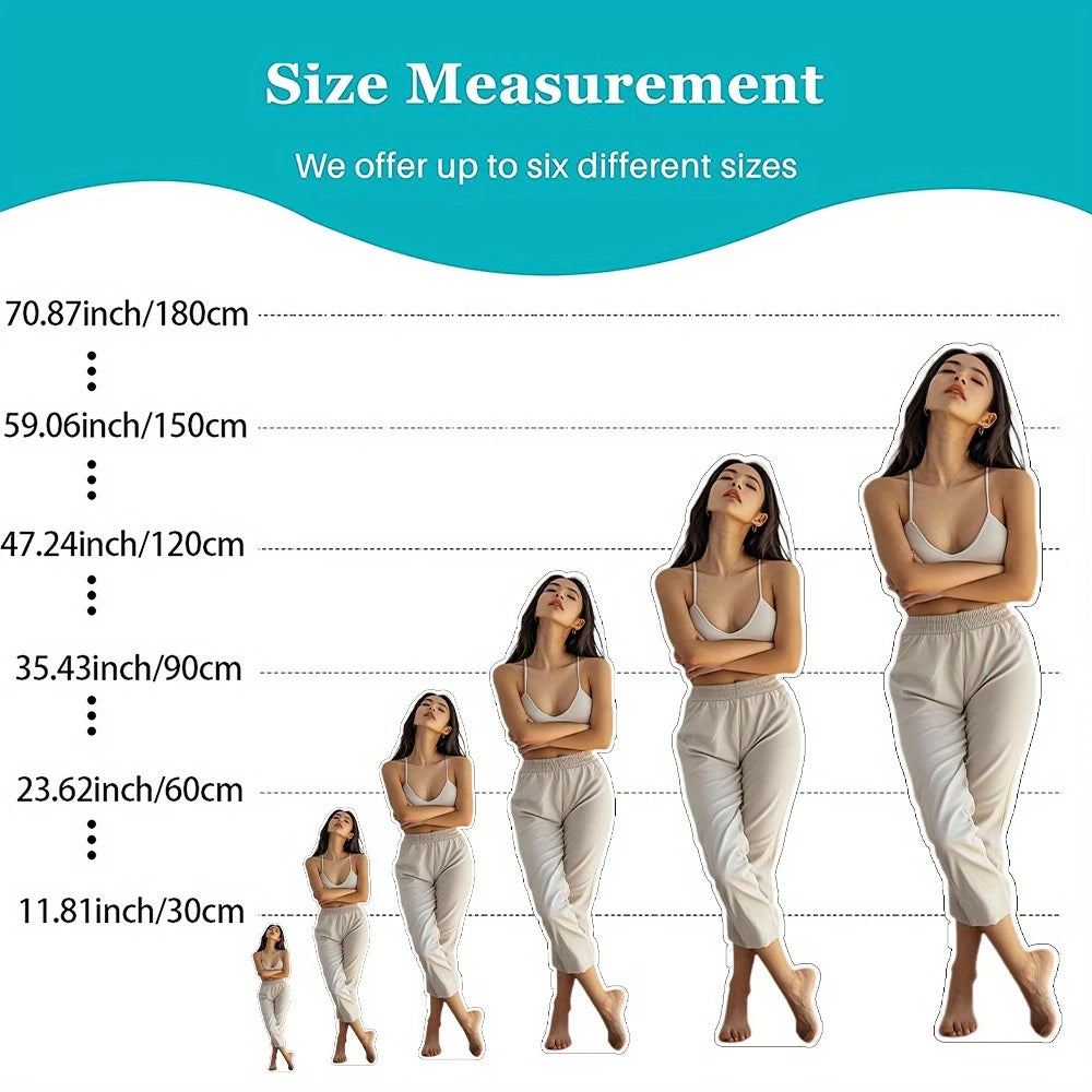 Personalized Person Cutout height comparison showing 30, 60, 90, 120, 150 and 180 cm size options.