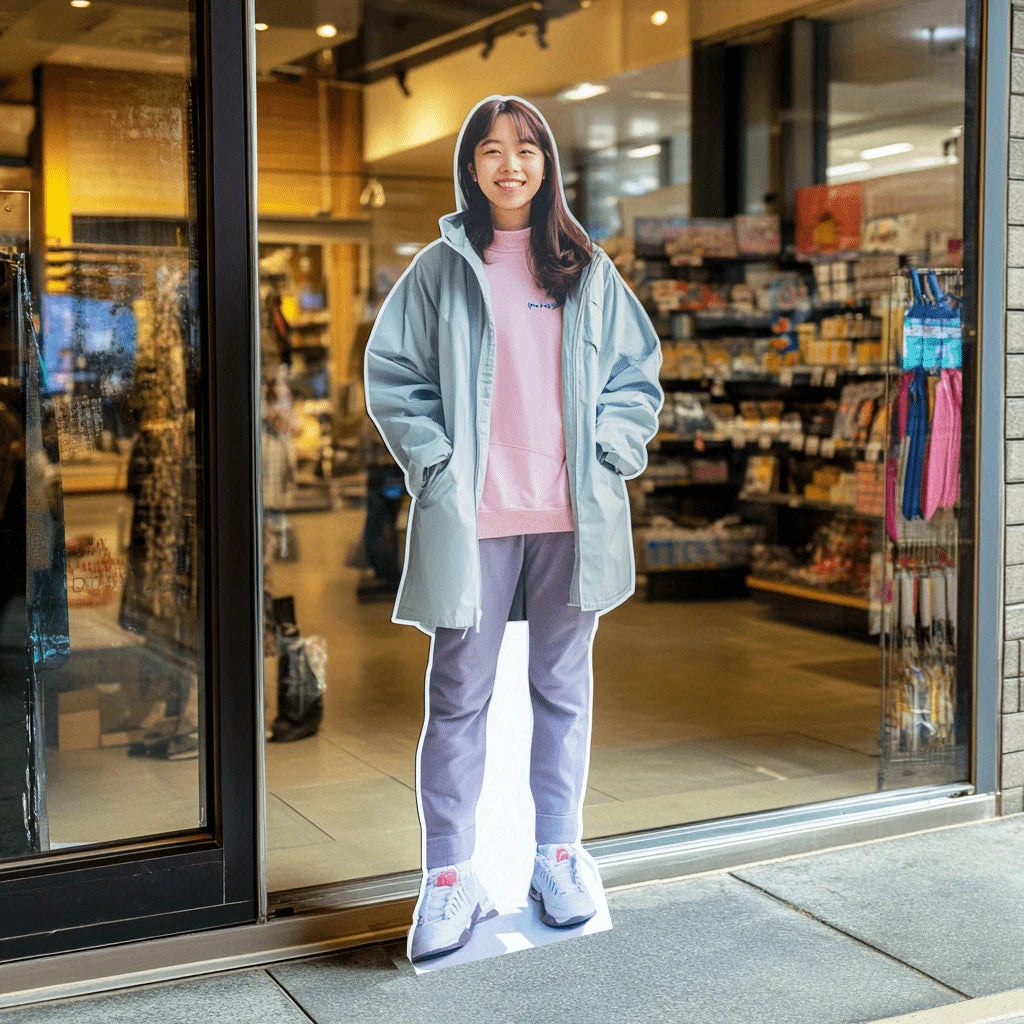 Personalized Person Cutout of a woman in a light blue jacket and pink top at a shop entrance.