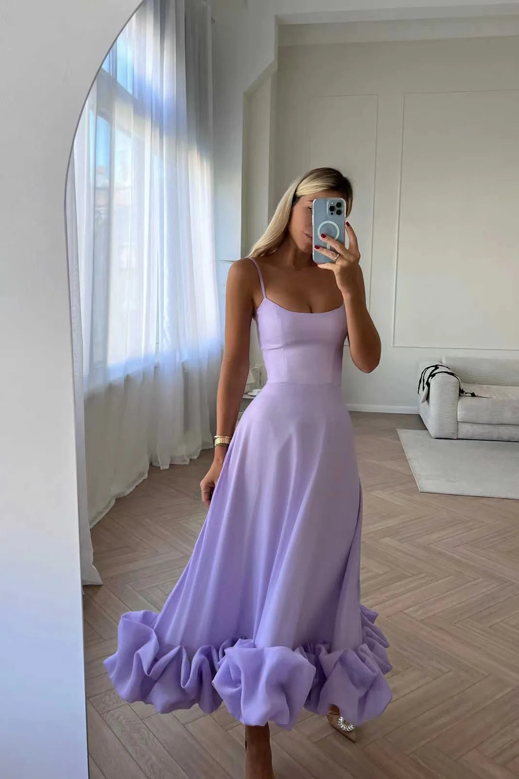 Full-length purple Petal Waltz Ruffle Dress with A-line skirt and gathered hem