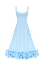 Sky blue Petal Waltz Ruffle Dress isolated on white, showing spaghetti straps and a ruffled hem