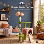 A tall petal pink and green cat tree in a cozy living room with blue walls, string lights, and multiple cats resting on its platforms and slide. The text 'HIGHPEAK Petalora Flower Cat Tree Their New Favorite Spot' is displayed at the top.