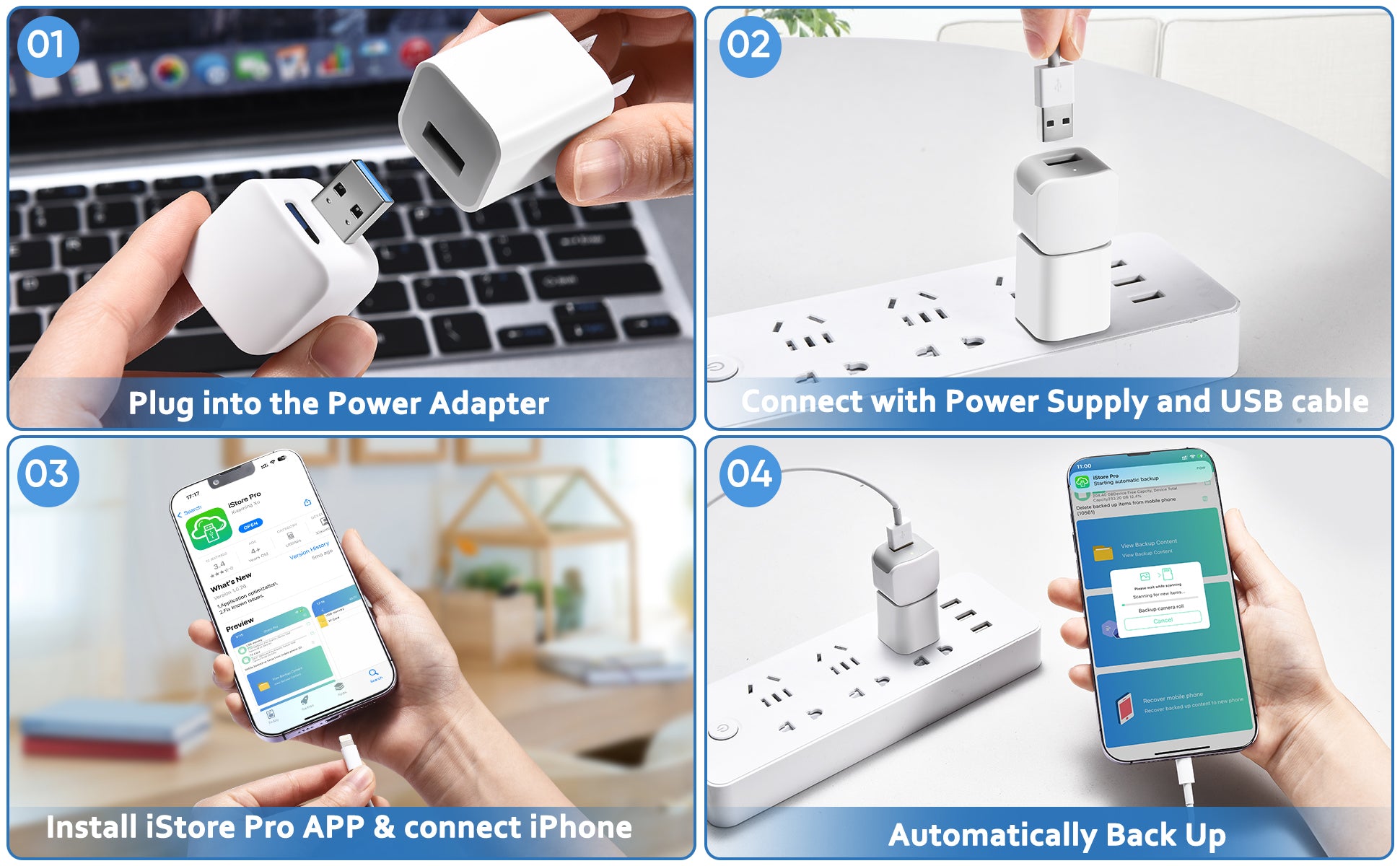 Phone Backup Adapter four-step guide showing power connection, app installation, and backup