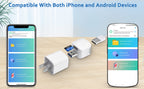 Phone Backup Adapter between iPhone and Android app screens showing backup and restore controls