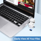 Phone Backup Adapter and microSD card beside a laptop displaying backed-up photo files