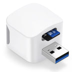 Phone Backup Adapter angled view showing USB-A input, output, and microSD card slot