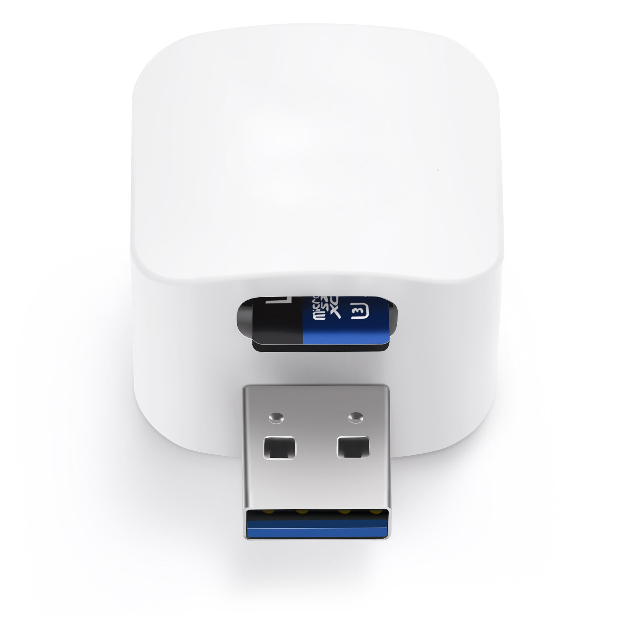 Phone Backup Adapter front view showing the white cube, USB-A plug, and inserted microSD card