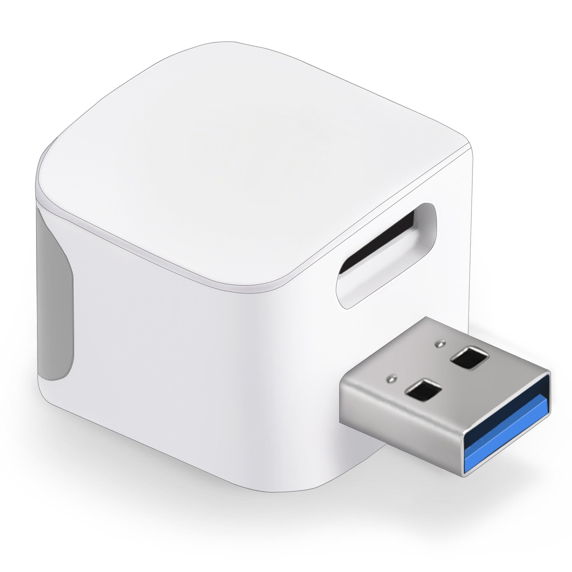 Phone Backup Adapter side view showing its compact white cube body and USB-A port