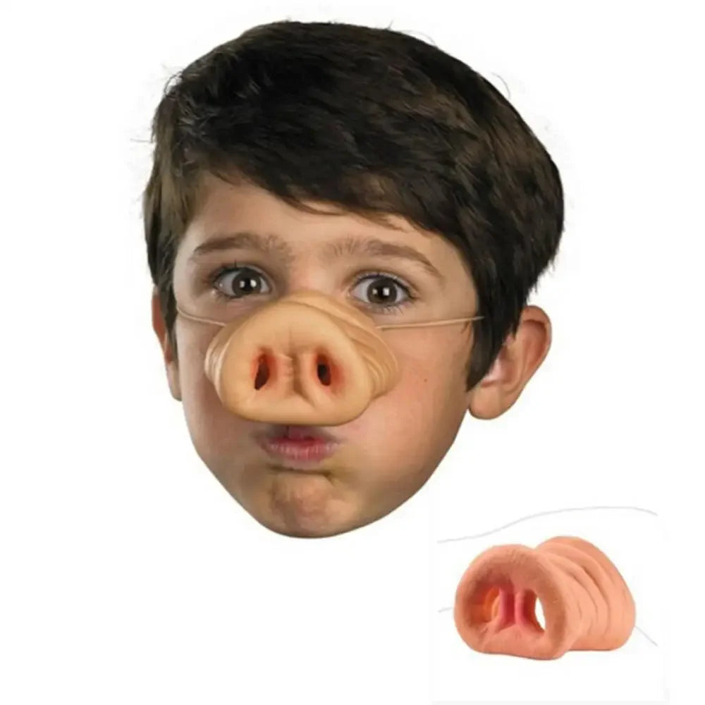 Pig Nose Costume Mask worn by a boy with his eyes and mouth visible, beside a separate snout view.