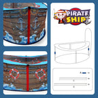 Pirate Ship Play Tent assembly diagram with frame connectors, support poles, and printed fabric details.