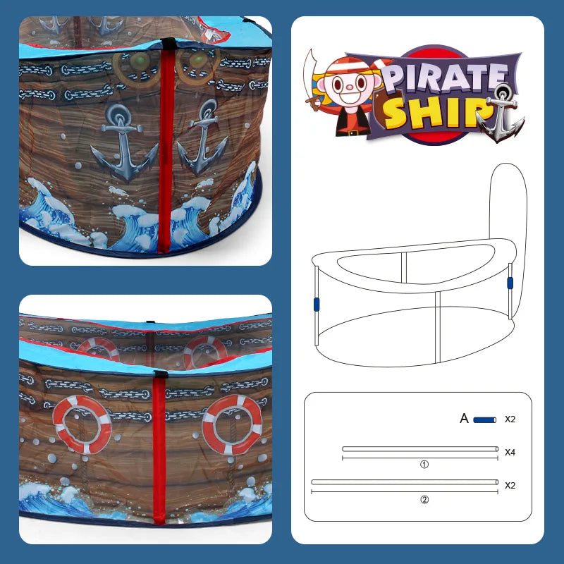 Pirate Ship Play Tent assembly diagram with frame connectors, support poles, and printed fabric details.