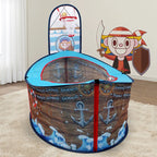 Pirate Ship Play Tent viewed from the bow on an indoor rug, with twin anchor prints and a hoop.