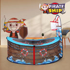 Pirate Ship Play Tent indoors in side view, showing life-ring graphics and the rear basketball hoop.