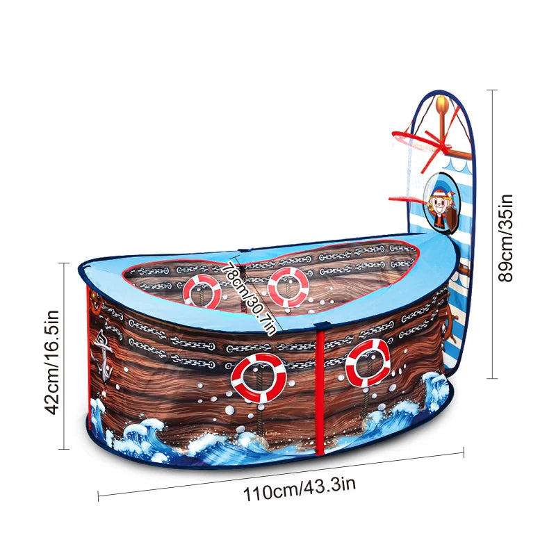 Pirate Ship Play Tent size guide showing a 110 by 78 cm footprint, 42 cm sides, and 89 cm total height.