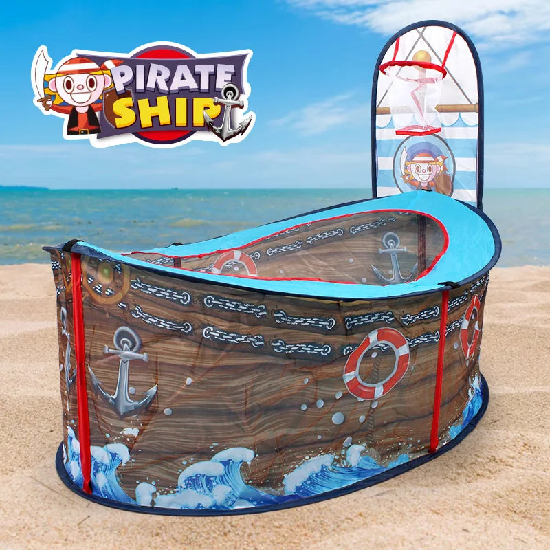 Pirate Ship Play Tent on a sunny beach, with a brown nautical hull and blue open-top rim.