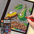 Pixel Mosaic Coloring Book cactus and desert sunset page partially colored with a red pencil