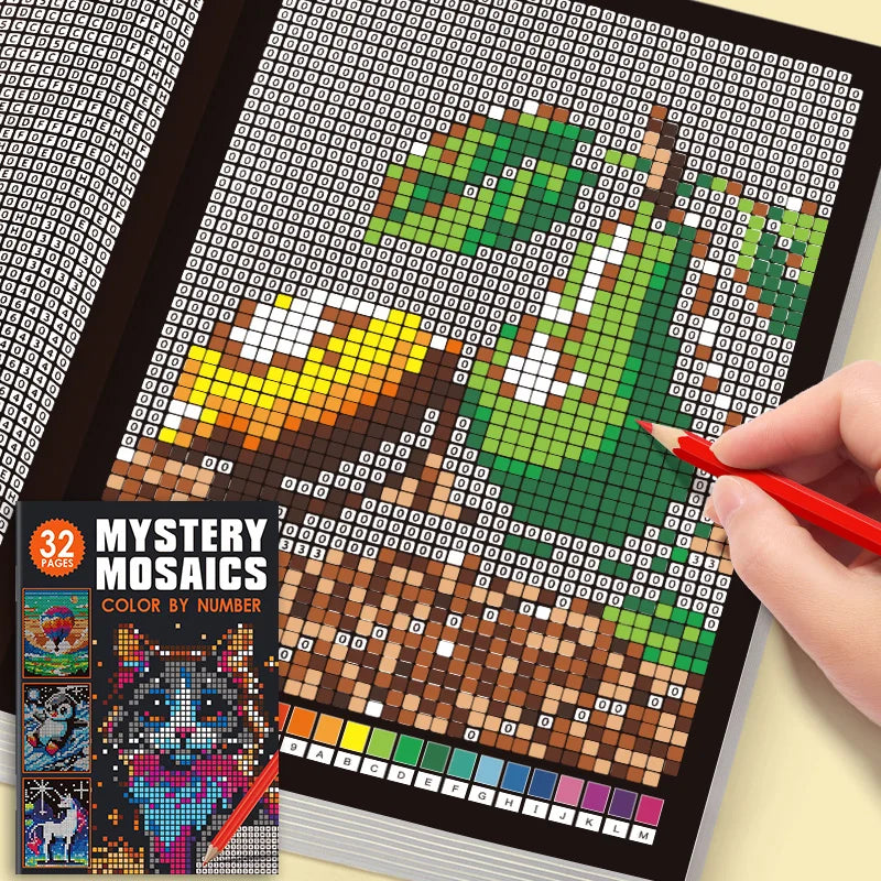 Pixel Mosaic Coloring Book cactus and desert sunset page partially colored with a red pencil