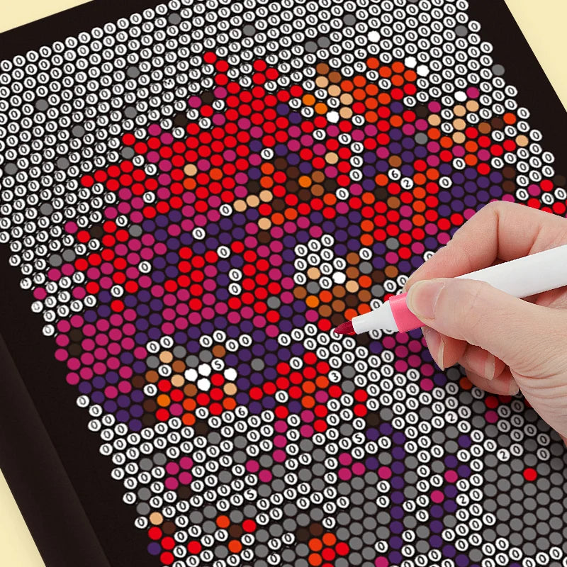 Pixel Mosaic Coloring Book red and purple floral mosaic being filled with a pink marker