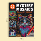 Pixel Mosaic Coloring Book dimensions showing a 210 × 290 mm book with cat cover artwork