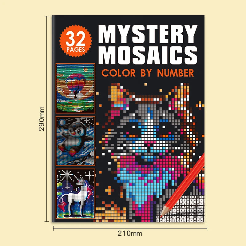 Pixel Mosaic Coloring Book dimensions showing a 210 × 290 mm book with cat cover artwork