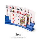 Playing Card Holder in blue with three tiers displaying a full hand of standard playing cards