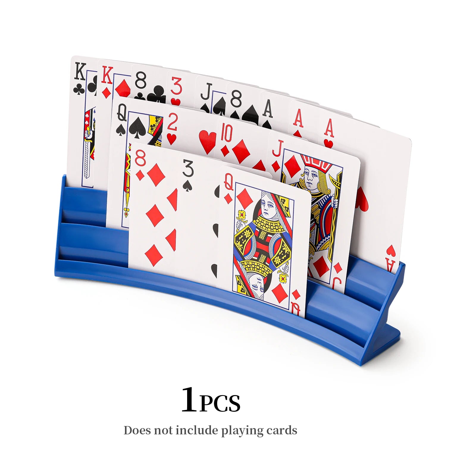 Playing Card Holder in blue with three tiers displaying a full hand of standard playing cards