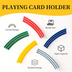 Playing Card Holder feature guide showing the curved, hands-free, high-capacity foldable design