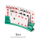 Playing Card Holder in green with three curved tiers holding standard playing cards upright