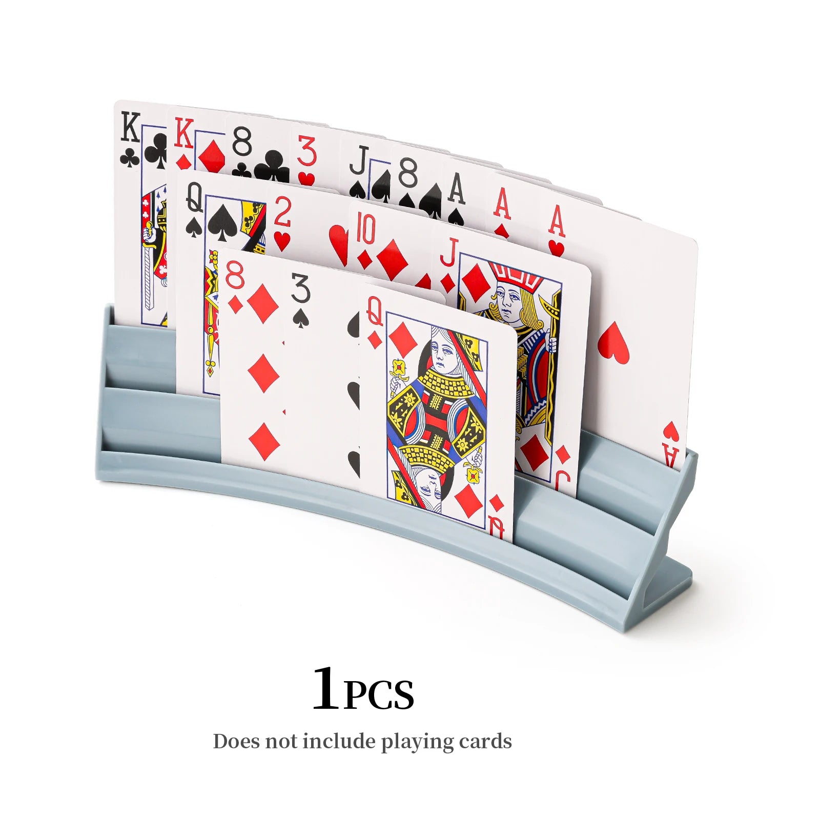 Playing Card Holder in grey with three tiers displaying a full hand of standard playing cards