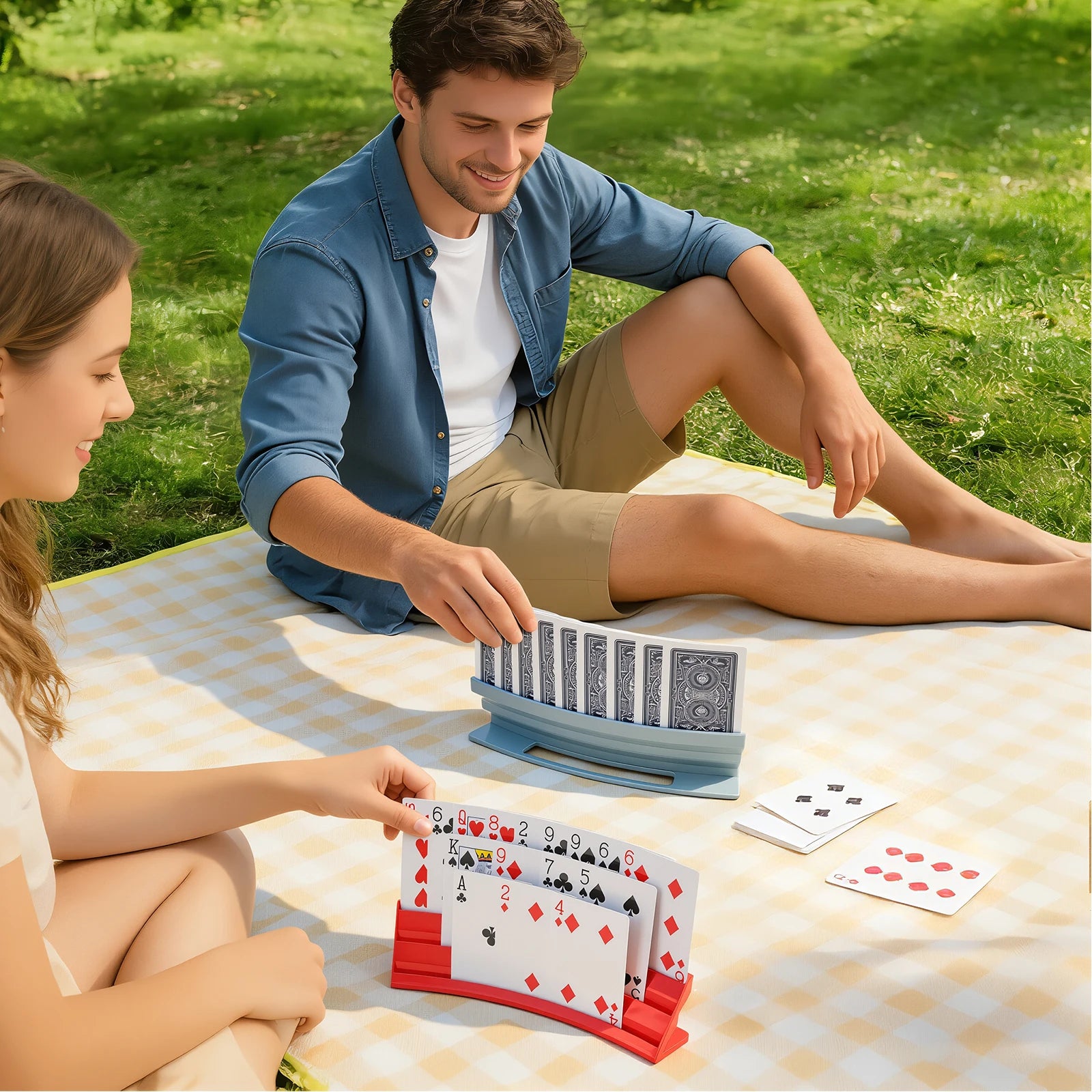 Playing Card Holder used during an outdoor card game with the red and grey holders on a picnic blanket