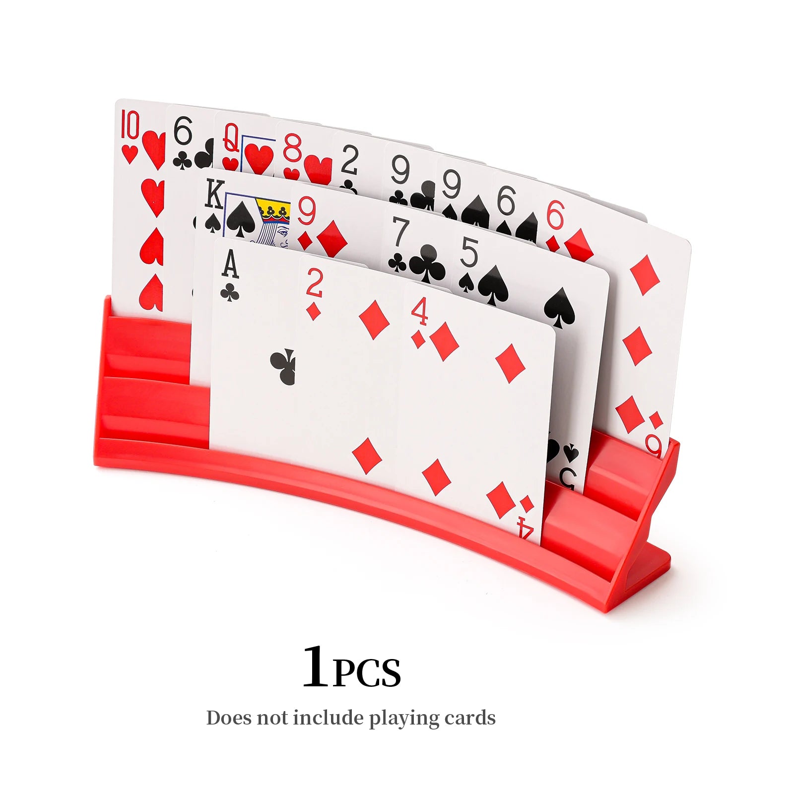 Playing Card Holder in red with three curved tiers holding standard playing cards upright