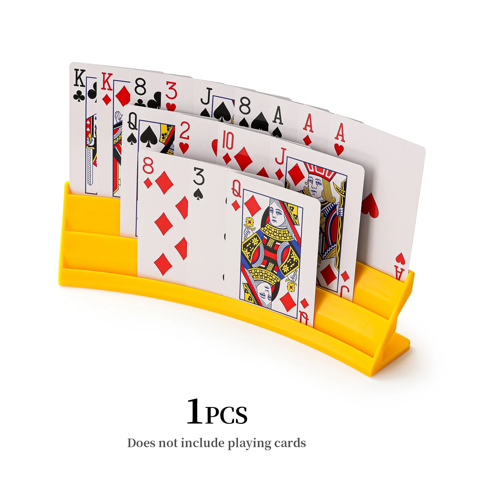 Playing Card Holder in yellow with three tiers displaying a full hand of standard playing cards