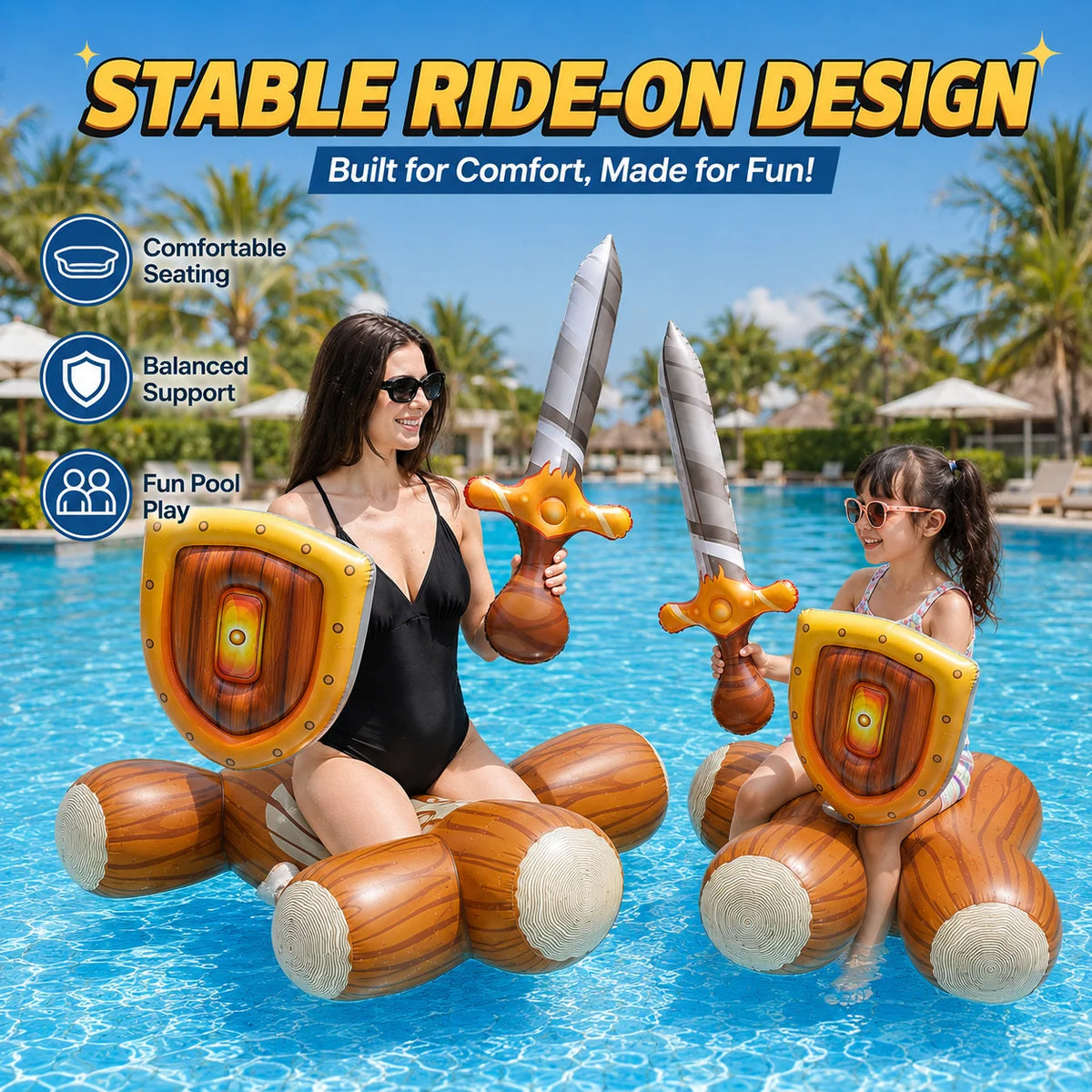 Pool Knight Float Set adult and child depicted riding log floats with swords and shields in a pool