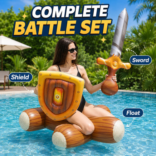 Pool Knight Float Set rider holding the inflatable sword and shield while seated on the wood-grain log float
