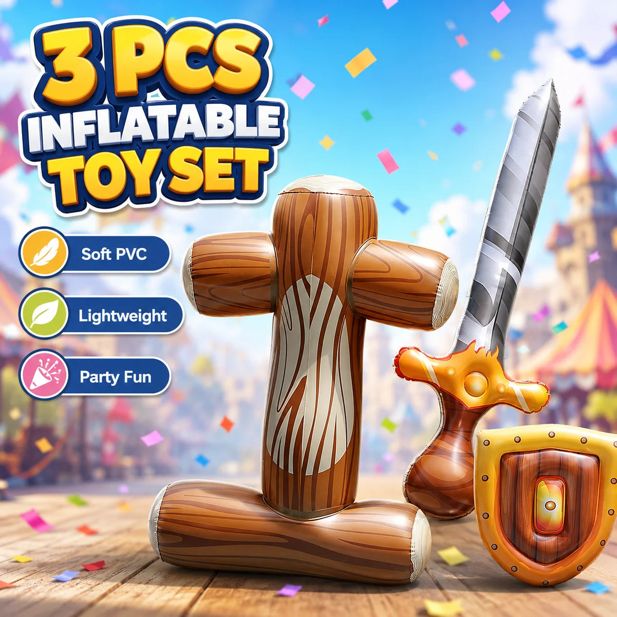 Pool Knight Float Set wood-grain float, silver sword, and gold-edged shield against a castle backdrop